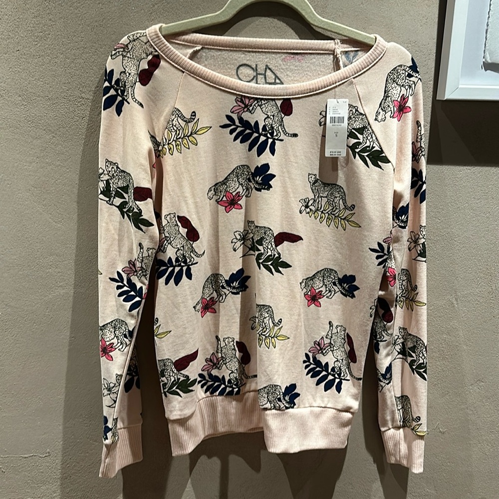 Anthropologie spring Jaguar and floral Cream and Black Sweater